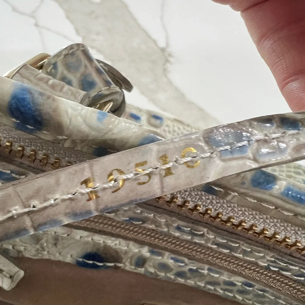 Brahmin Cream and Blue Croc-Embossed Leather Satchel